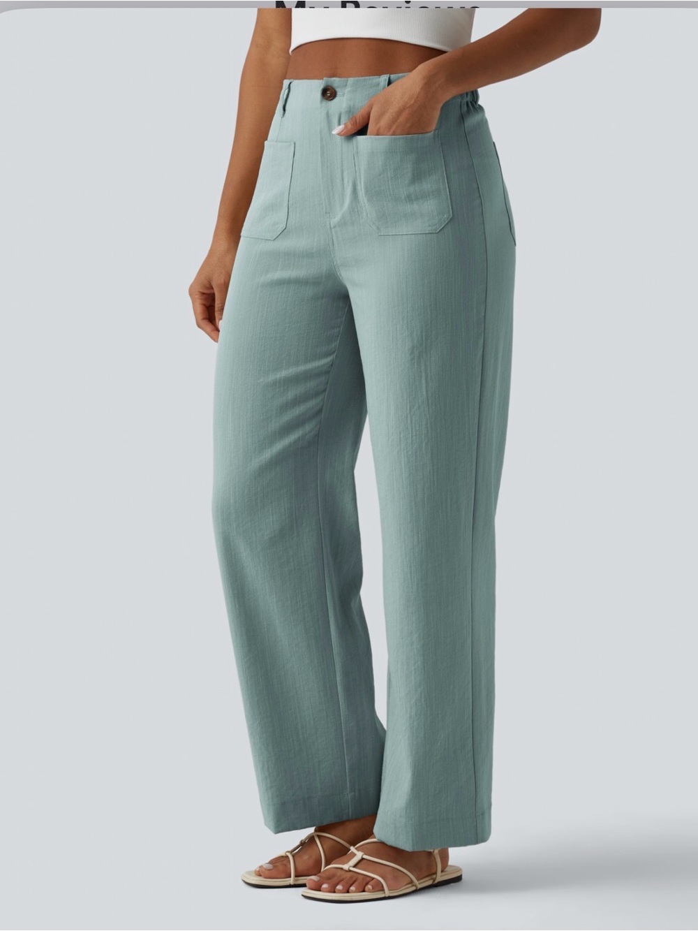 HALARA High-Rise Straight Leg Linen-feel Pants with Pockets in Sage Green
